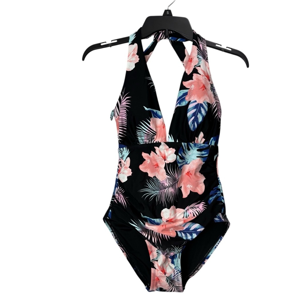 DKNY halter one piece swim bathing suit black pink tropical print size medium
